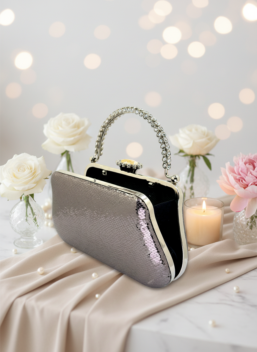 Kristal Desenli Metal Saplı Abiye Çanta | İnci İşlemeli Lüks Gece Clutch ve Düğün Çantası