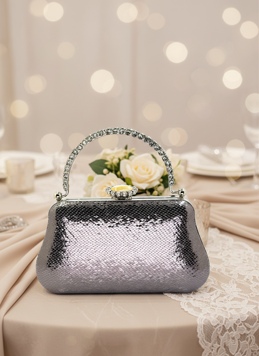 Kristal Desenli Metal Saplı Abiye Çanta | İnci İşlemeli Lüks Gece Clutch ve Düğün Çantası