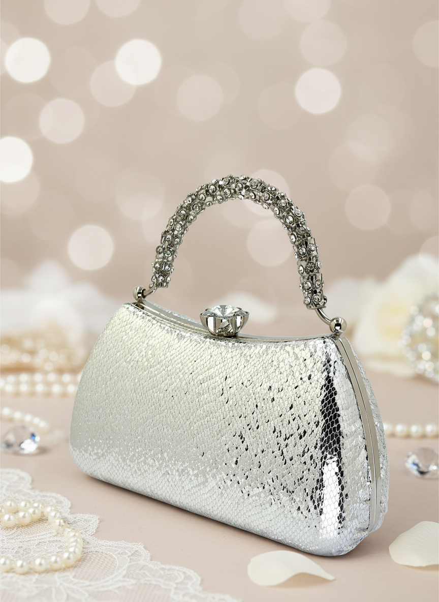 Kristal Desenli Taş Saplı Abiye Çanta, Gümüş Renk, Saten Clutch. Lüks düğün çantası ve gece çantası modelleri.
