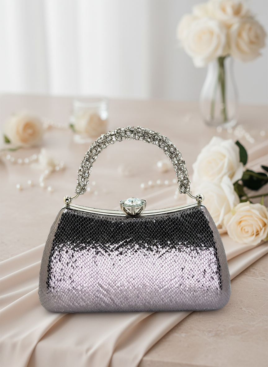 Kristal Desenli Taş Saplı Abiye Çanta, Gümüş Renk, Saten Clutch. Lüks düğün çantası ve gece çantası modelleri.
