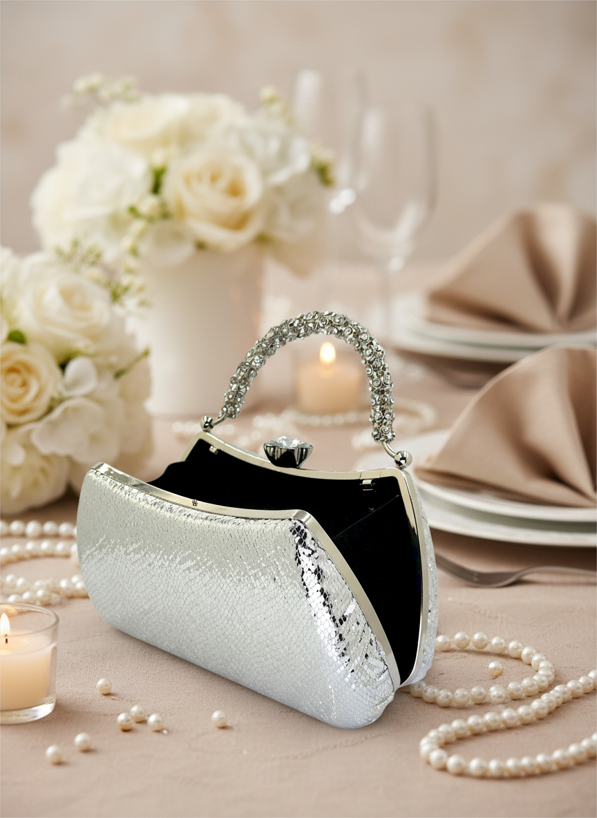 Kristal Desenli Taş Saplı Abiye Çanta, Gümüş Renk, Saten Clutch. Lüks düğün çantası ve gece çantası modelleri.