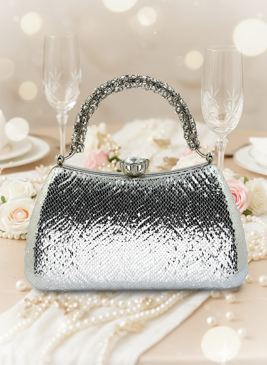Kristal Desenli Taş Saplı Abiye Çanta, Gümüş Renk, Saten Clutch. Lüks düğün çantası ve gece çantası modelleri.