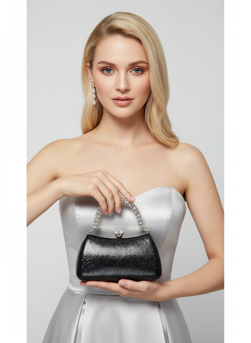 Kristal Desenli Taş Saplı Abiye Çanta, Gümüş Renk, Saten Clutch. Lüks düğün çantası ve gece çantası modelleri.