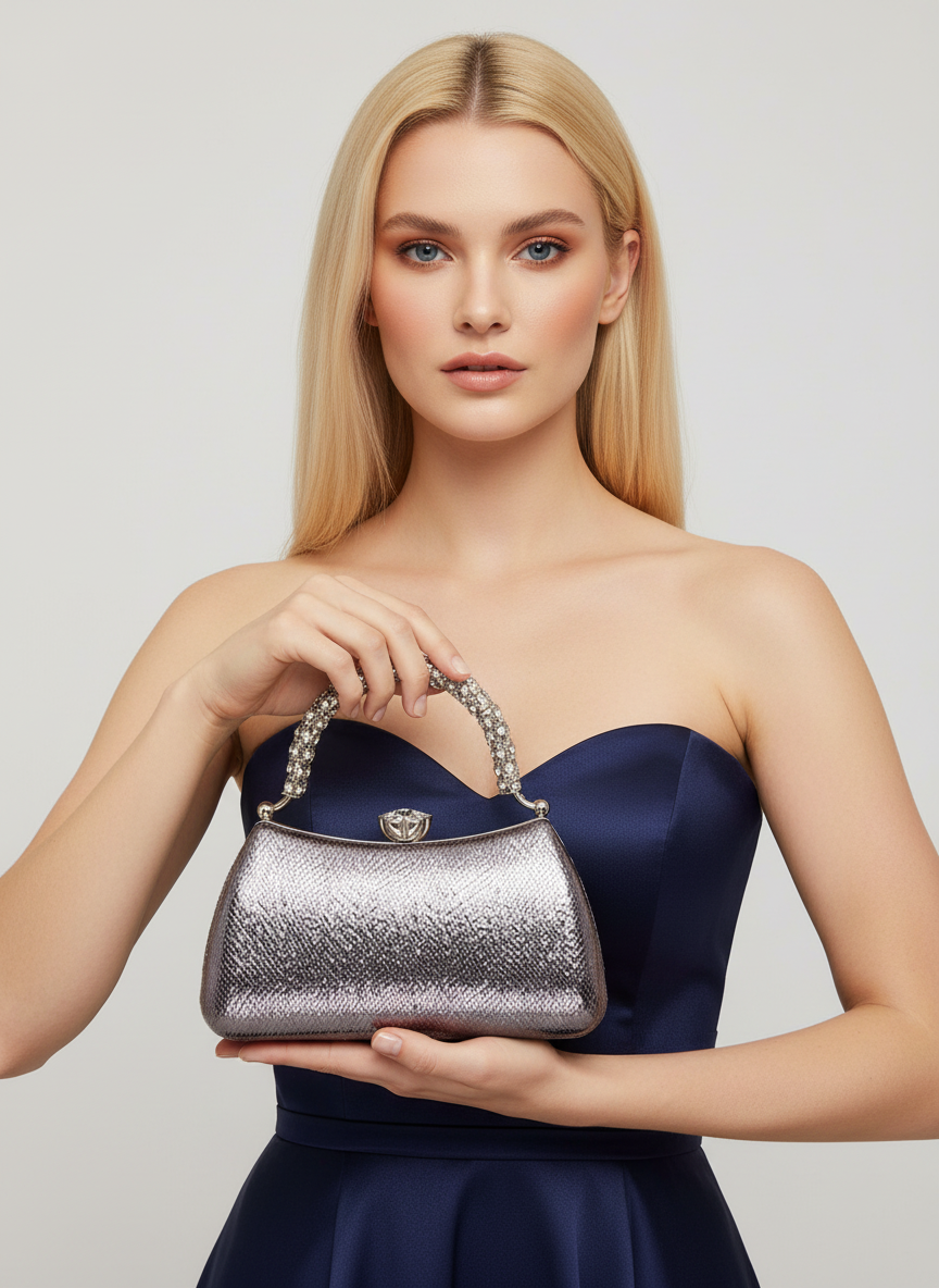 Kristal Desenli Taş Saplı Abiye Çanta, Gümüş Renk, Saten Clutch. Lüks düğün çantası ve gece çantası modelleri.