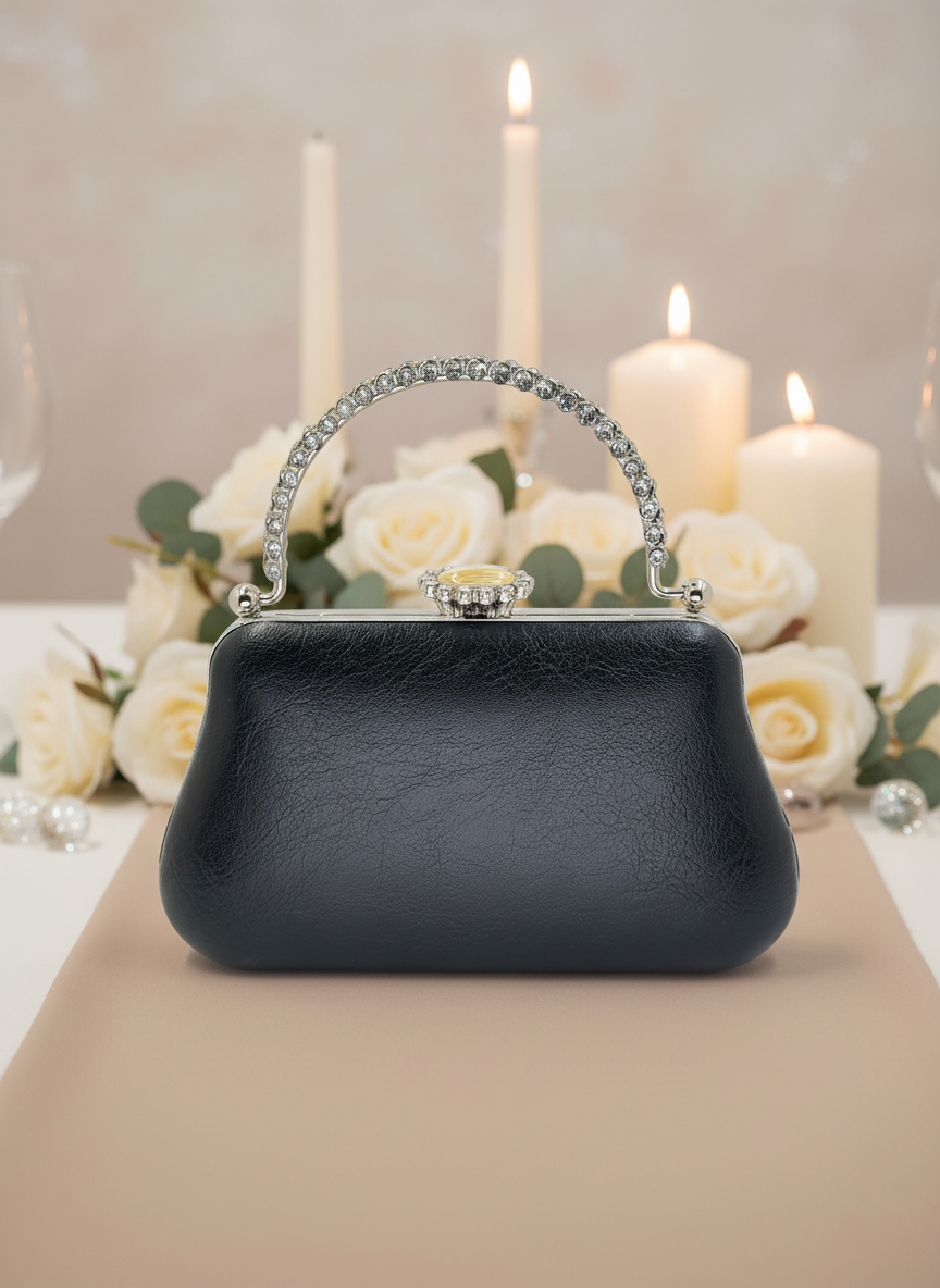 Kırışık Cilt Deri Siyah abiye çanta, inci ve kristal işlemeli taş saplı lüks gece clutch.