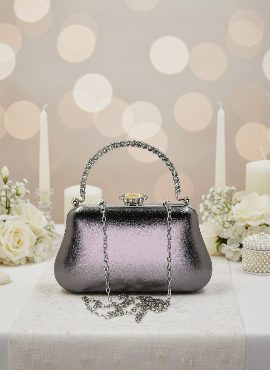 Kırışık Cilt Deri Siyah abiye çanta, inci ve kristal işlemeli taş saplı lüks gece clutch.