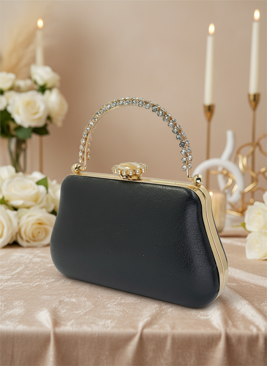Kırışık Cilt Deri Siyah abiye çanta, inci ve kristal işlemeli taş saplı lüks gece clutch.