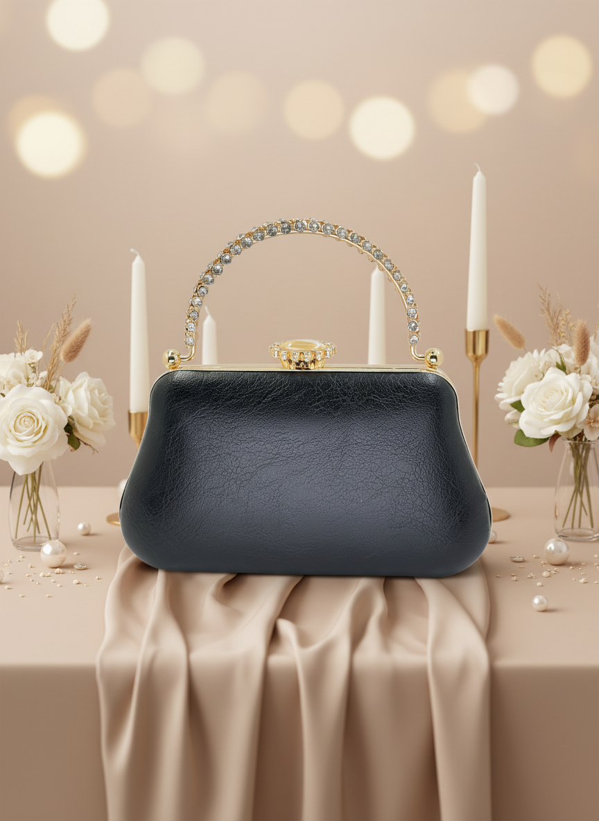 Kırışık Cilt Deri Siyah abiye çanta, inci ve kristal işlemeli taş saplı lüks gece clutch.