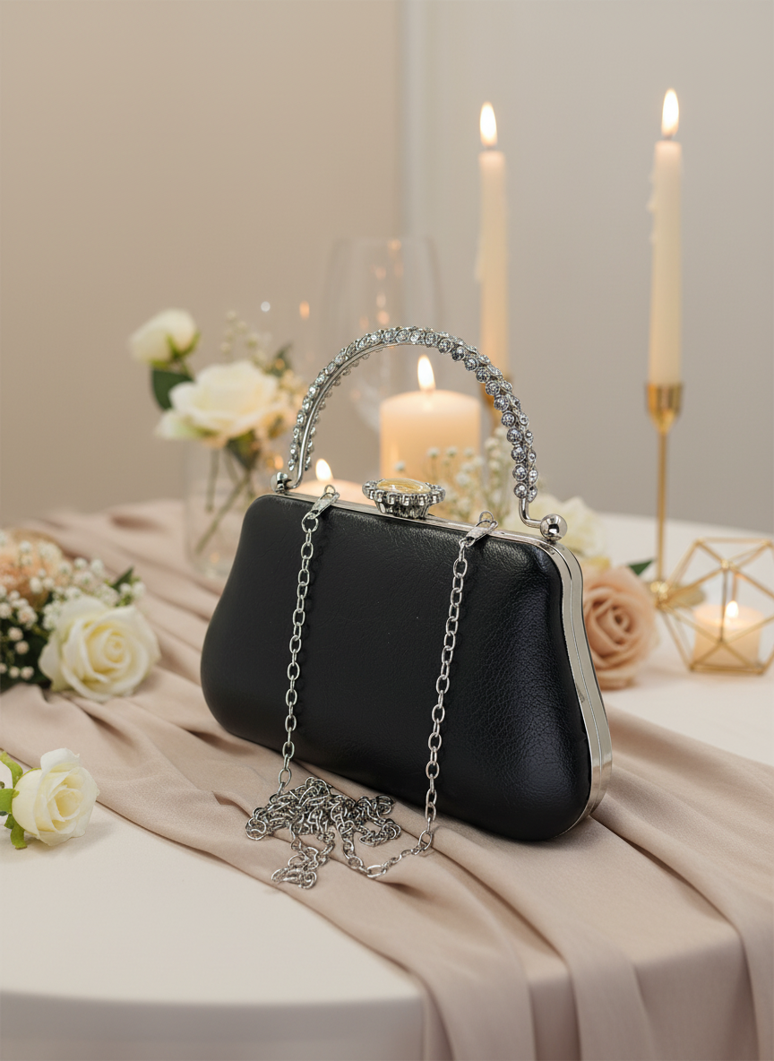 Kırışık Cilt Deri Siyah abiye çanta, inci ve kristal işlemeli taş saplı lüks gece clutch.