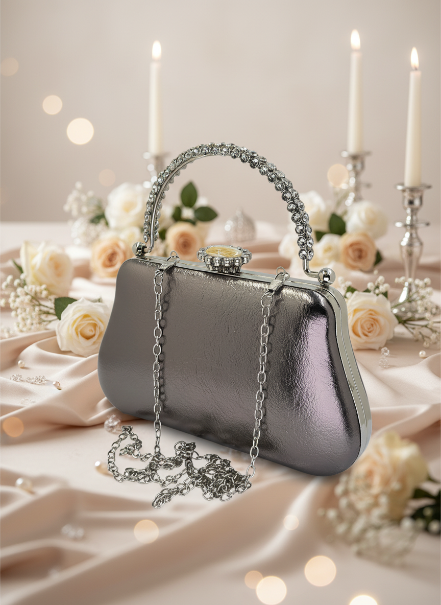 Kırışık Cilt Deri Siyah abiye çanta, inci ve kristal işlemeli taş saplı lüks gece clutch.