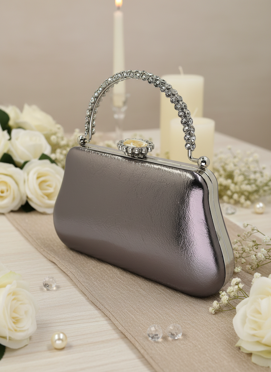 Kırışık Cilt Deri Siyah abiye çanta, inci ve kristal işlemeli taş saplı lüks gece clutch.