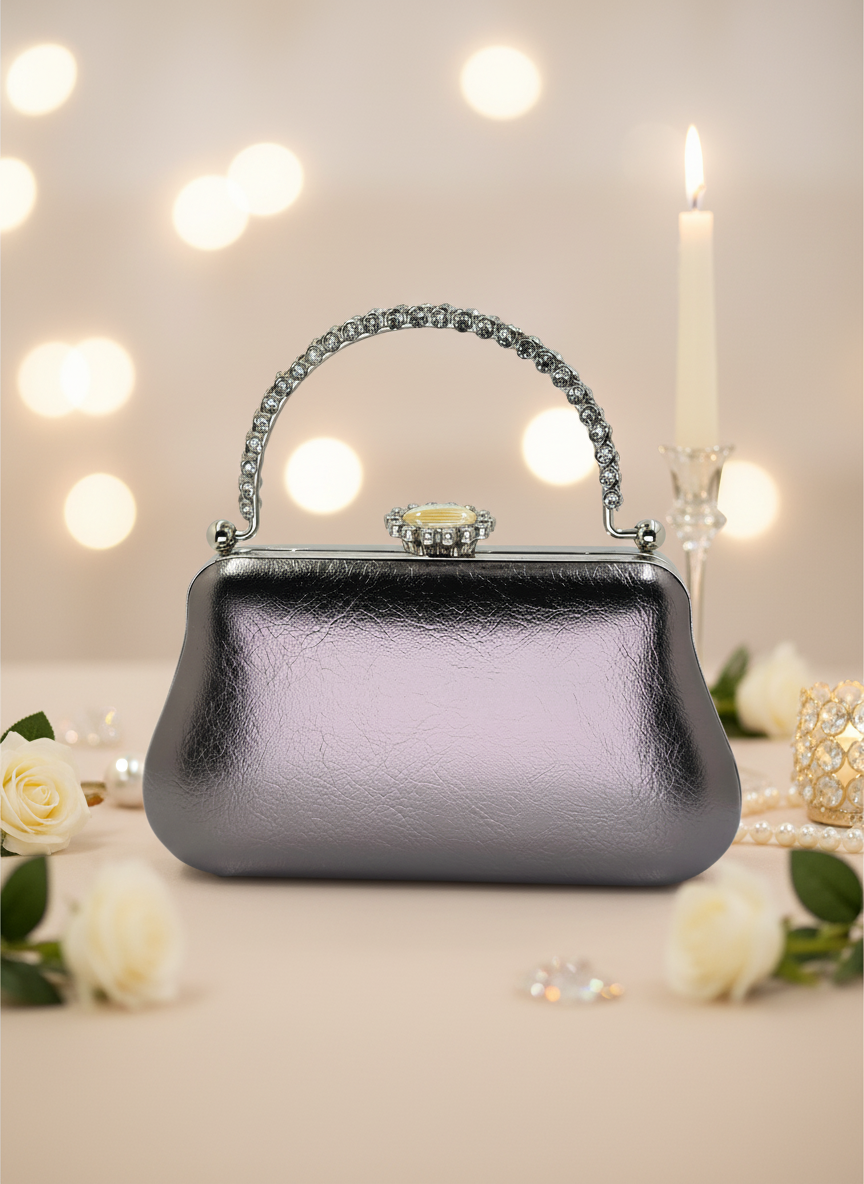 Kırışık Cilt Deri Siyah abiye çanta, inci ve kristal işlemeli taş saplı lüks gece clutch.