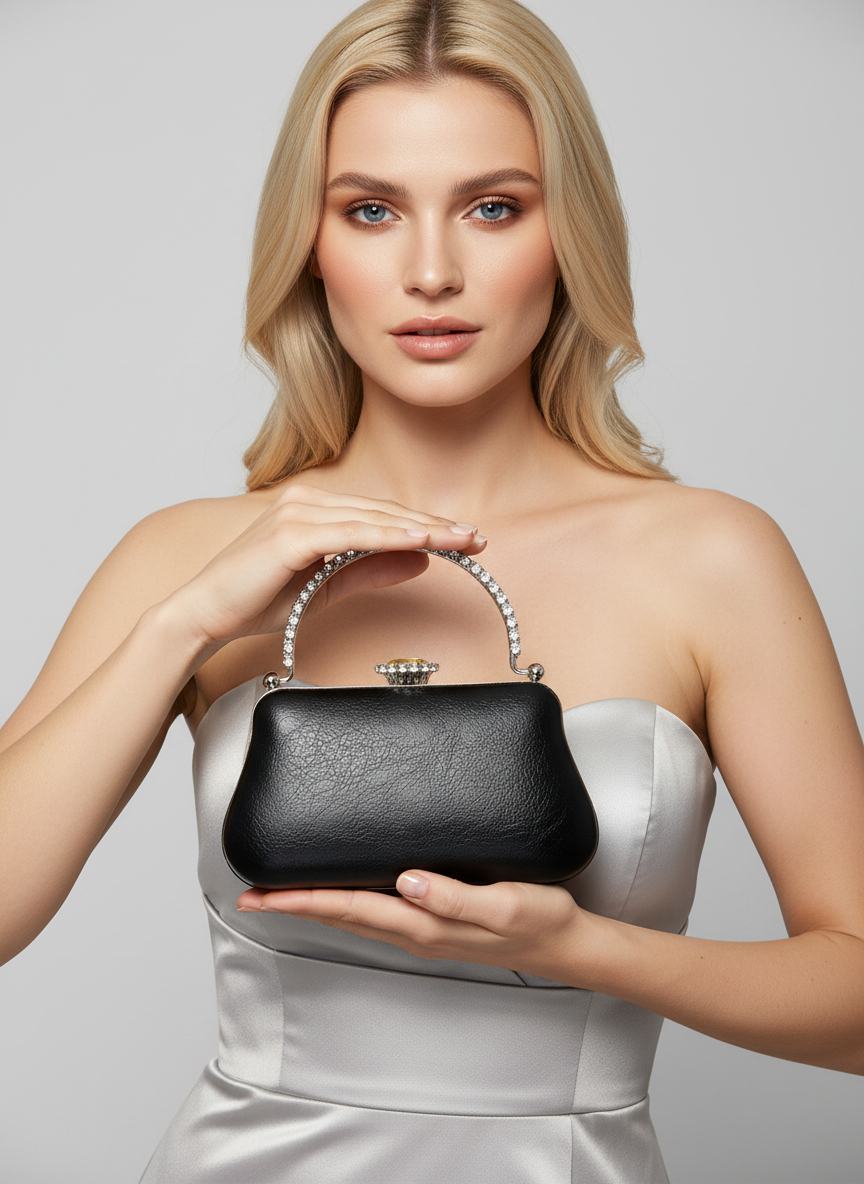 Kırışık Cilt Deri Siyah abiye çanta, inci ve kristal işlemeli taş saplı lüks gece clutch.