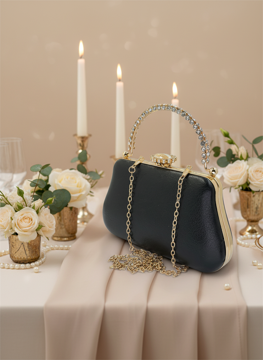 Kırışık Cilt Deri Siyah abiye çanta, inci ve kristal işlemeli taş saplı lüks gece clutch.