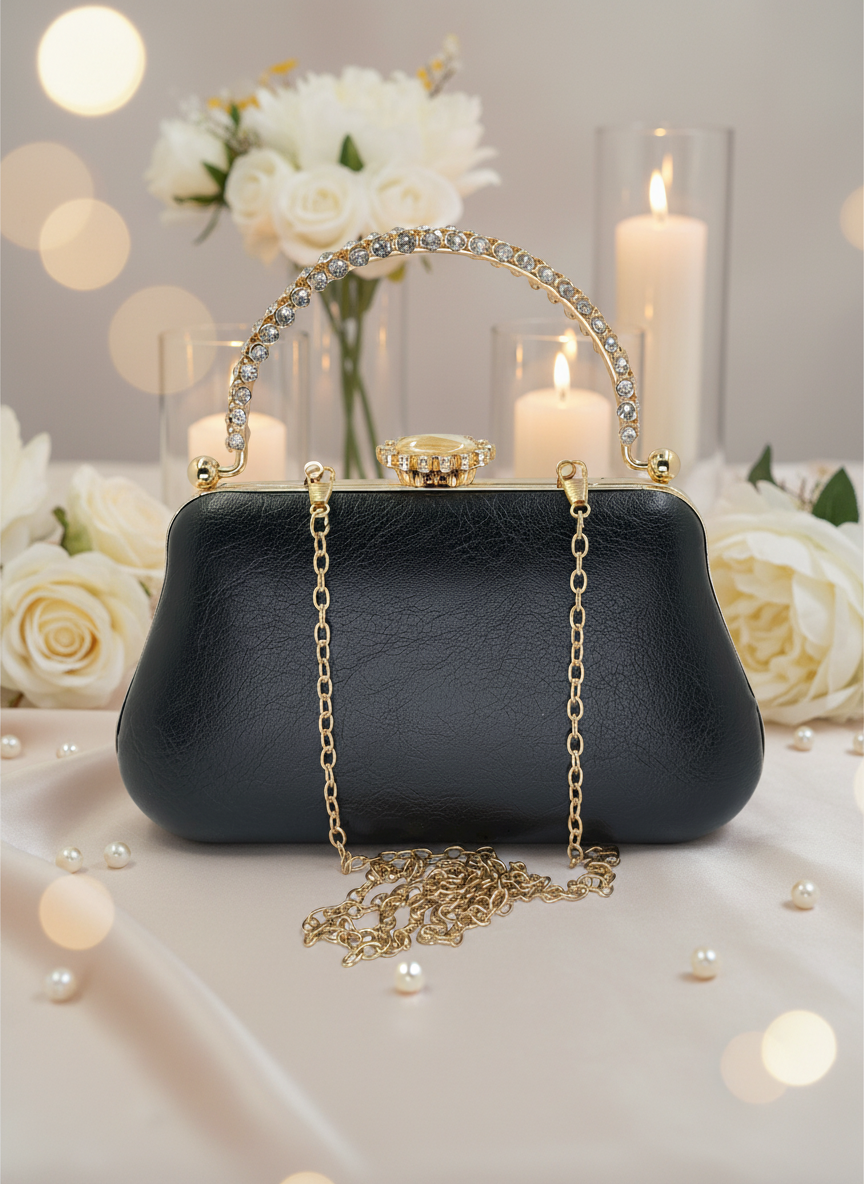 Kırışık Cilt Deri Siyah abiye çanta, inci ve kristal işlemeli taş saplı lüks gece clutch.