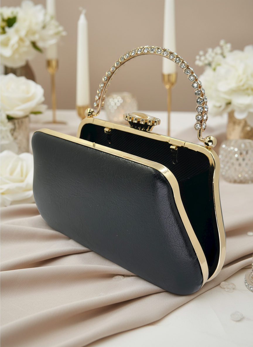 Kırışık Cilt Deri Siyah abiye çanta, inci ve kristal işlemeli taş saplı lüks gece clutch.