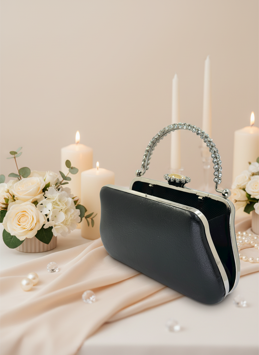 Kırışık Cilt Deri Siyah abiye çanta, inci ve kristal işlemeli taş saplı lüks gece clutch.