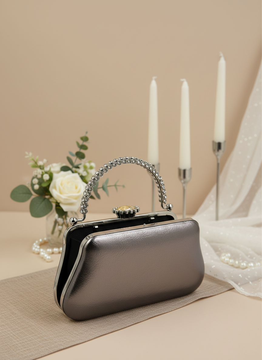 Kırışık Cilt Deri Siyah abiye çanta, inci ve kristal işlemeli taş saplı lüks gece clutch.