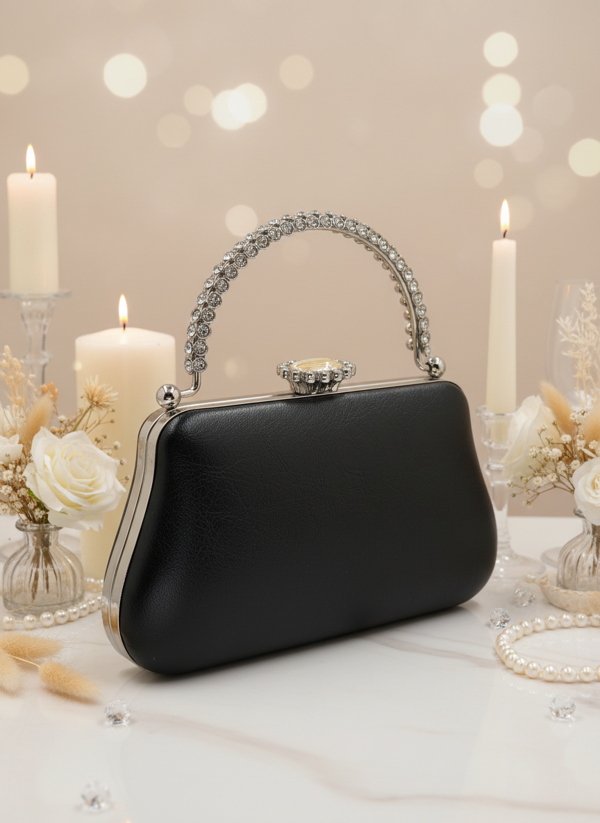 Kırışık Cilt Deri Siyah abiye çanta, inci ve kristal işlemeli taş saplı lüks gece clutch.